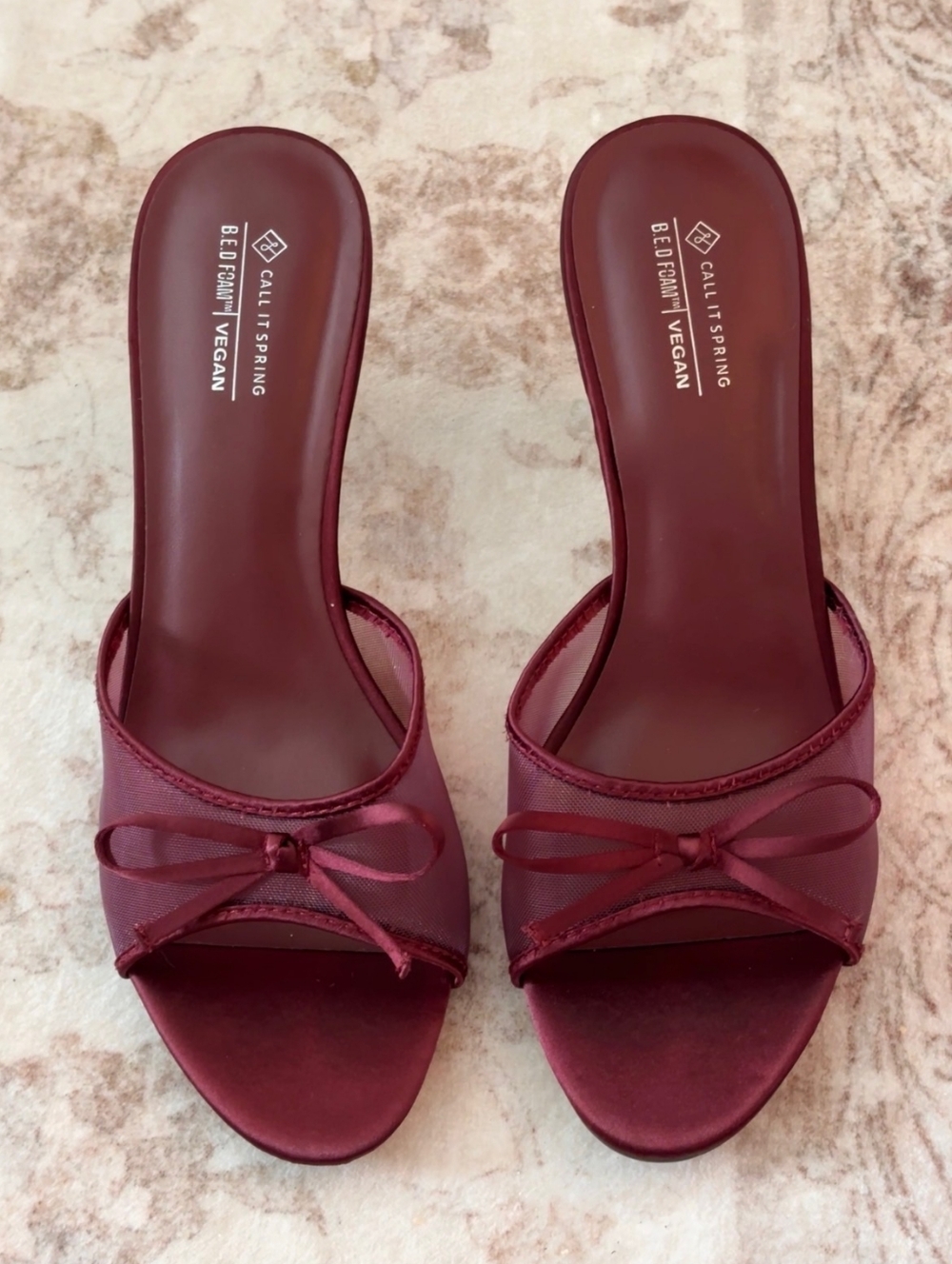 Call It Spring Burgundy Satin Bow Slide Mules